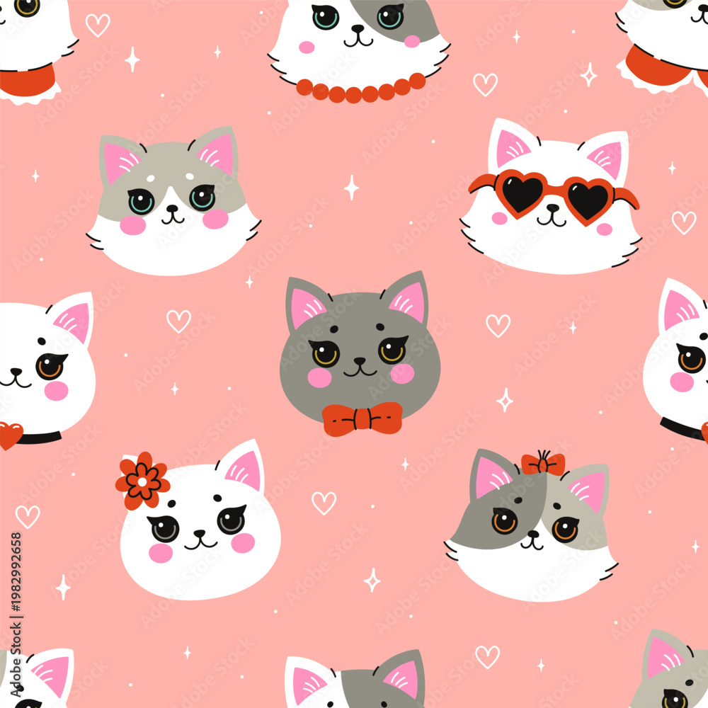 Naklejka premium Seamless pattern with cute cat faces on a pink background. Vector graphics.
