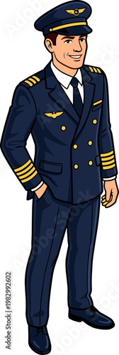 Professional airline pilot in dark blue uniform standing with hand in pocket