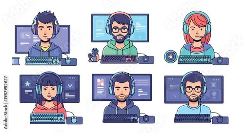 Professional gamer avatar set with 6 cartoon characters, esports players with headsets and keyboards, flat vector gaming icons for streaming