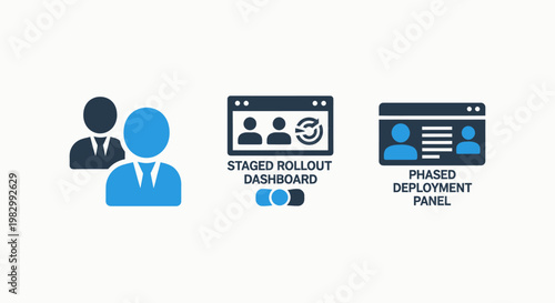 Phased deployment and staged rollout management icons with deployment dashboard software management interface development technology infrastructure business strategy production monitoring