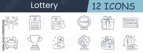 Lottery set icon. Confetti, scratchcard, rating, winbadge, present, coupon, piggybank, trophy, clover, bingo, wallet, moneybag, coins, bonus, luck, reward, payday, savings
