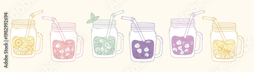 Berry and Fruit Infused Water Set in Mason Jars with Gooseberry Currant and Blueberry. Isolated Fresh Summer Drink Lemonade with Ice Cubes and Straw. Minimalistic Vector Illustration.