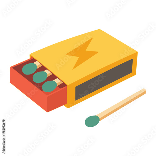 wooden matches with matchbox fire flame flat color vector illustration template design