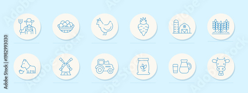 Farming set icon. Outline collection with farmer pitchfork, egg basket, chicken, carrot, barn silo, wheat plant, horse, windmill, tractor, flour sack, milk jug, cow head.