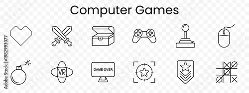 Computer games set icon. Line gaming symbols, pixel heart, crossed swords, treasure chest, controller, joystick, mouse, bomb, VR headset, game over screen, target star, rank badge, tic tac toe