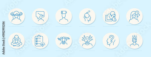 Mental health set icon. Linear pack with dizziness head, speech bubble therapy, battery mind, stress bomb, support hug, sleep face, meditation pose, checklist heart, anxiety child, headache