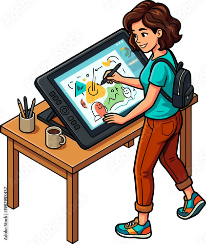 Talented digital illustrator using a large graphics tablet and pen display