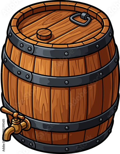 Traditional wooden cask with metal hoops and a brass liquid spigot