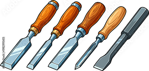 Various sizes of woodworking chisels with polished wooden handles