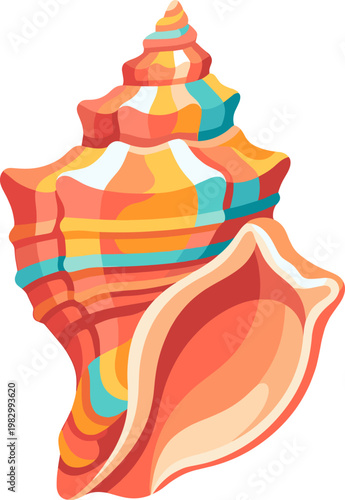 Vibrant colorful conch sea shell with orange and turquoise patterns