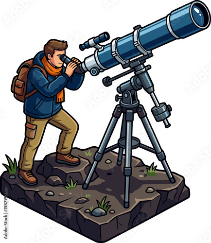 Winter hiker using astronomical telescope on rocky mountain terrain