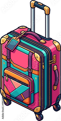 Vibrant patterned travel suitcase with wheels and handle