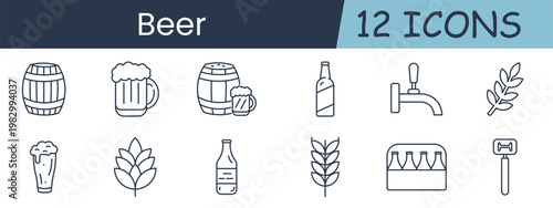 Beer set icon. Barrel, mug, bottle, tap, hops, wheat, pack, opener, lager, ale, brewing, alcohol, beverage, pub, foam, craft