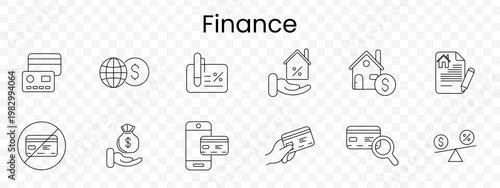 Finance set icon. Outline financial services symbols, credit card, globe dollar, percent document, home support, house coin, contract file, bank card, money bag, mobile payment, hand card, card search