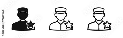 Officer with Cap and Star Icon Set representing Authority Security and Military Ranking