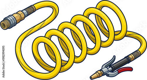 Yellow coiled air compressor hose with spray nozzle
