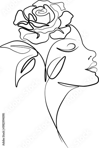 Minimalist line art woman portrait with rose flower