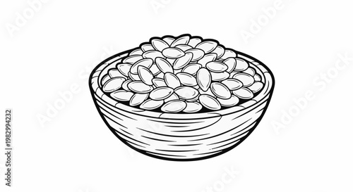 A black and white line drawing of a woven bowl filled with many oval-shaped seeds