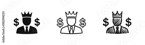 Wealthy Businessman with Crown and Dollar Signs Icon Set representing Financial Success and Prosperity