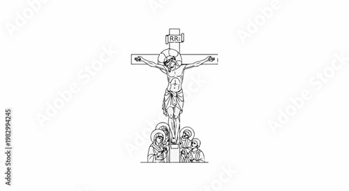 A black and white line drawing of Jesus on the cross with figures below