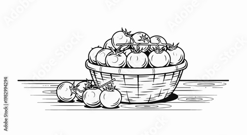 A basket overflowing with ripe tomatoes rests on a wooden surface