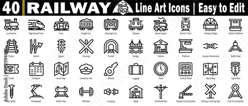 Set of railway line art icons. Including locomotive, high-speed train, tram, freight car, passenger car, caboose, steam engine, electric train bridge, and station. vector illustration.