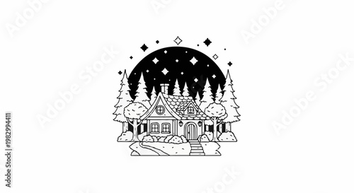 Whimsical cartoon house nestled among tall pine trees under a starry night sky