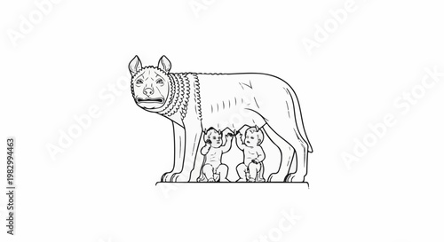 A detailed line drawing depicts a she-wolf nursing two infants, a classic motif