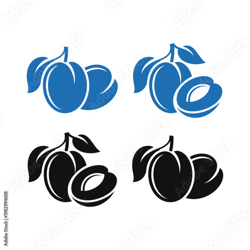 Plum vector. Abstract fruit silhouette. Blue and black plums on white background