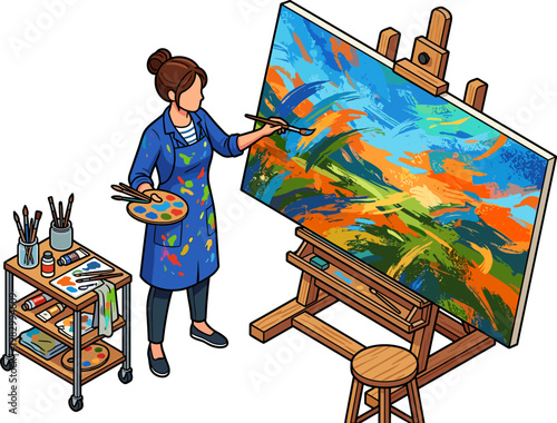 Creative female painter working on a large abstract canvas on an easel