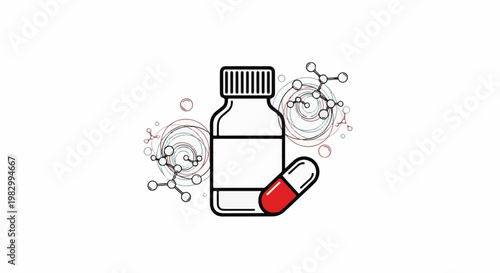 A graphic illustration of a pill bottle and capsule with molecular structures