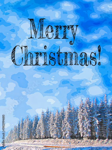  Christmas wish on  blue sky and snowcovered trees in winter