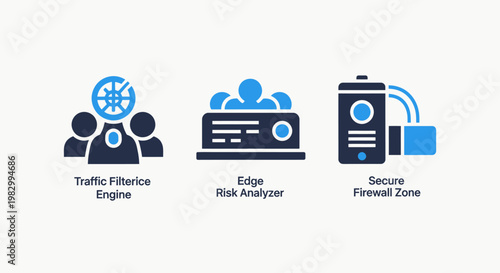 Network security icons for traffic filtering edge risk analysis and secure firewall zone with security firewall filtering analysis cybersecurity protection internet monitoring technology