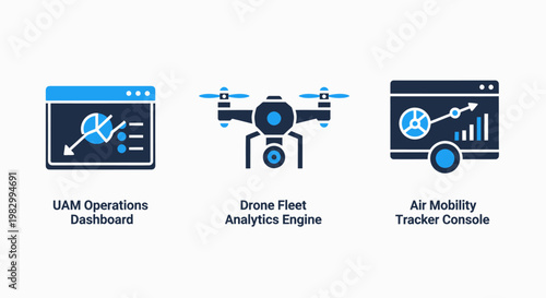Uam operations and drone fleet analytics icons for air mobility tracking console with analytics mobility tracking dashboard aviation technology operations software management monitoring