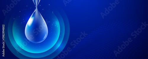 Luminous blue water droplet on glowing digital ripple background