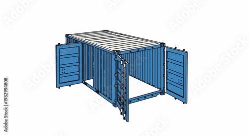 Blue shipping container, open doors, ribbed exterior, minimalist