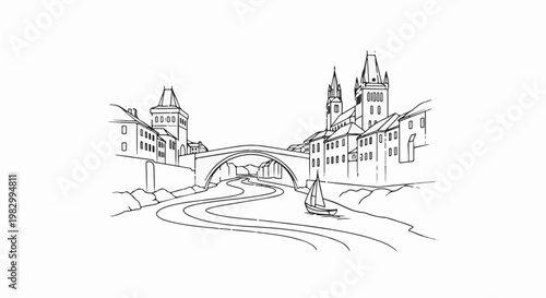 Black and white sketch of a European town with a bridge over a river and a sailboat