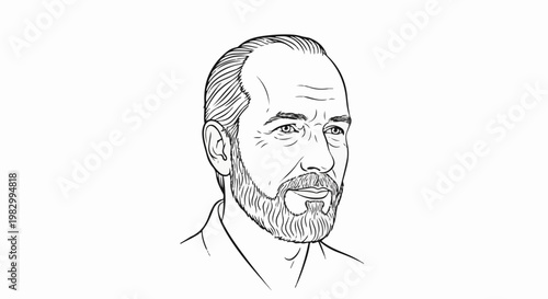Black and white sketch of a mature man with a beard, bald head