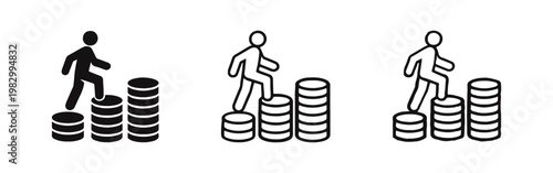 Career Growth and Financial Success Icon Set with Person Climbing Staircase of Coins
