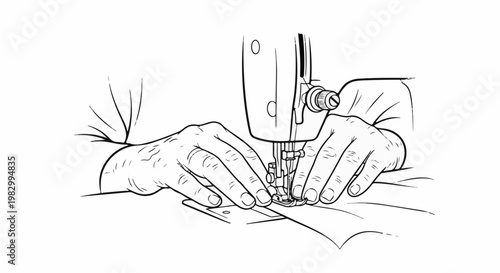 Close-up of hands skillfully guiding fabric through a sewing machine