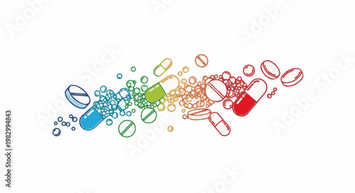 Colorful assortment of pills, capsules, and bubbles in a gradient