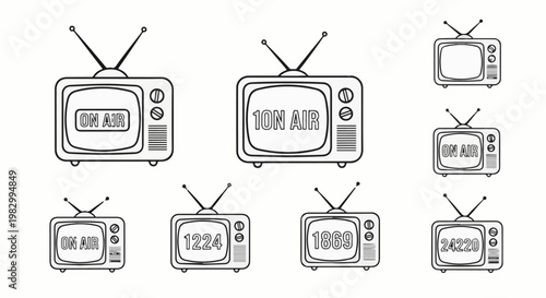 Collection of vintage television sets displaying text or numbers, in black and white outline