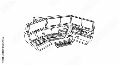 Complex audio mixing console with multiple screens, keyboard, and mouse