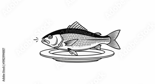 Detailed illustration of a fish presented on a plate, with open mouth