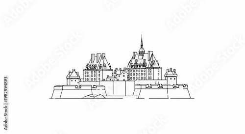 Detailed line art of a majestic European chateau with layered roofs and battlements