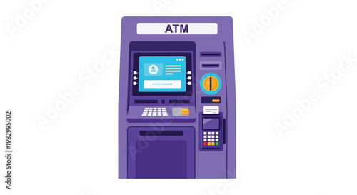 A purple ATM machine with a screen and keypad on a white background