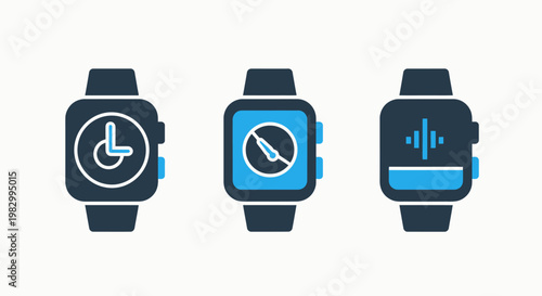 Smartwatch features and functionality icons set with smartwatch wearable technology interface monitoring illustration connectivity wireless synchronization notification exercise activity