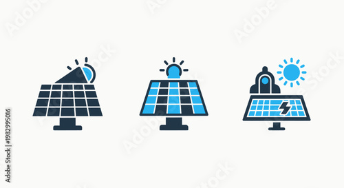 Solar energy and renewable power production icons set with renewable electricity sustainable photovoltaic environment technology alternative generation infrastructure industry illustration