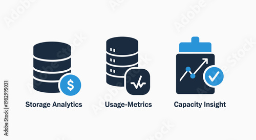 Data storage analytics and usage metrics management icons set with analytics capacity database management information analysis business performance technology monitoring illustration