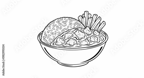 Hand-drawn sketch of a bowl filled with rice, stew, and fries